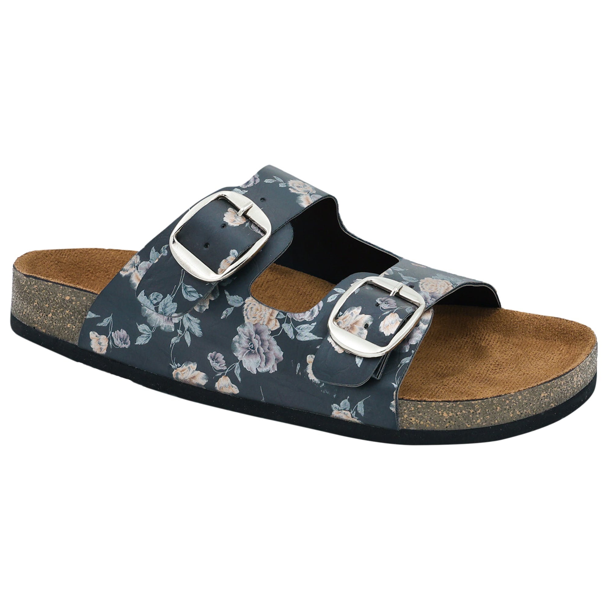 Black Women's Flat Sandals with Flower Pattern