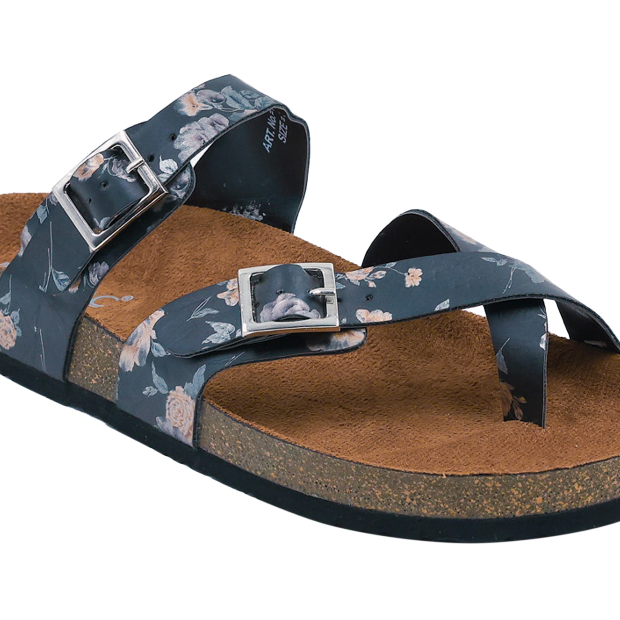 Black Flat Cork Sandals with Flower Pattern