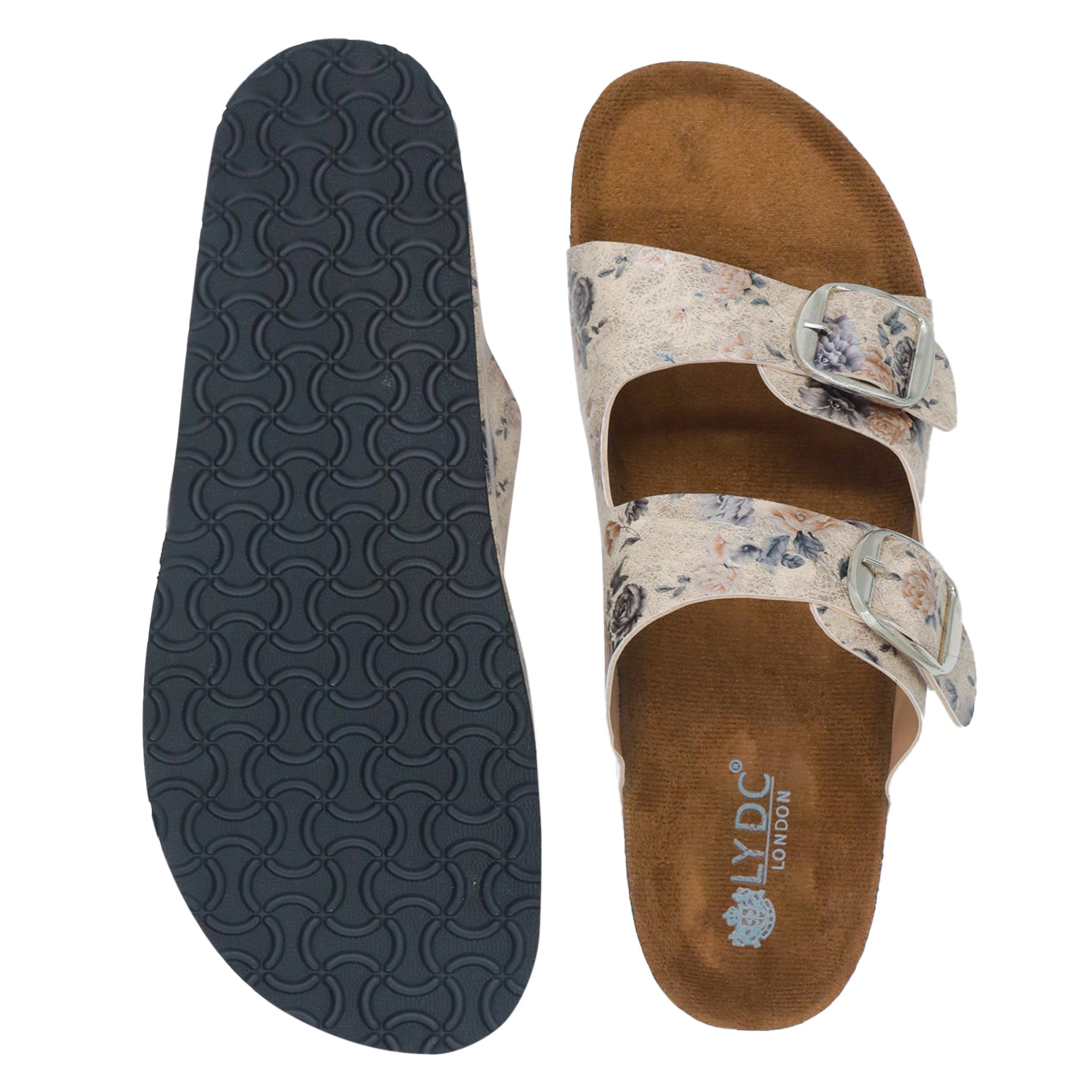 Beige Color Women's Flat Sandals with Flowers