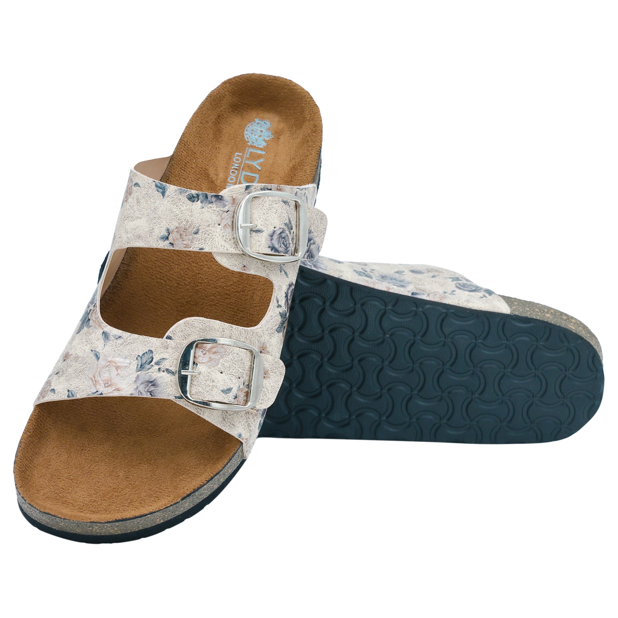 Beige Color Women's Flat Sandals with Flowers