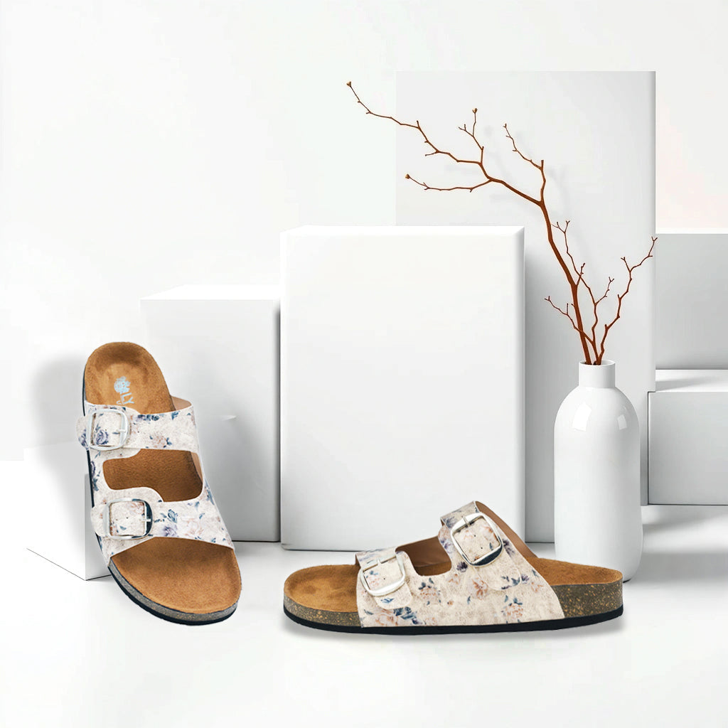 Beige Color Women's Flat Sandals with Flowers