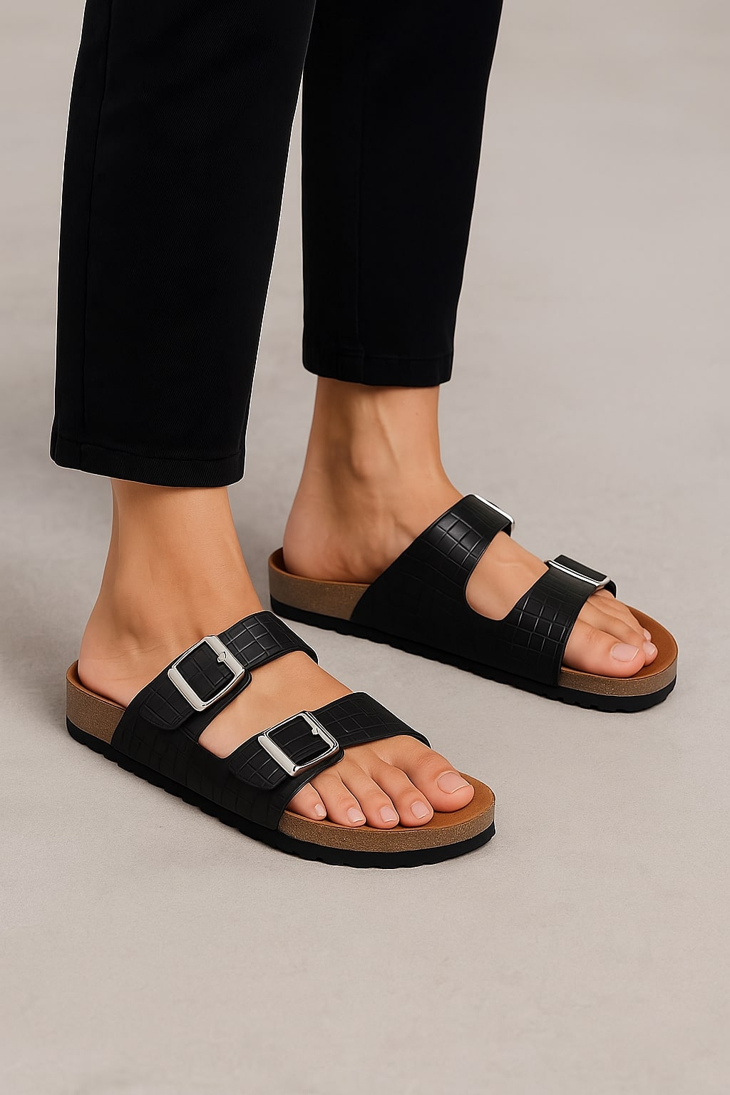 Croco Black Flat Sandals for Women - Victoria