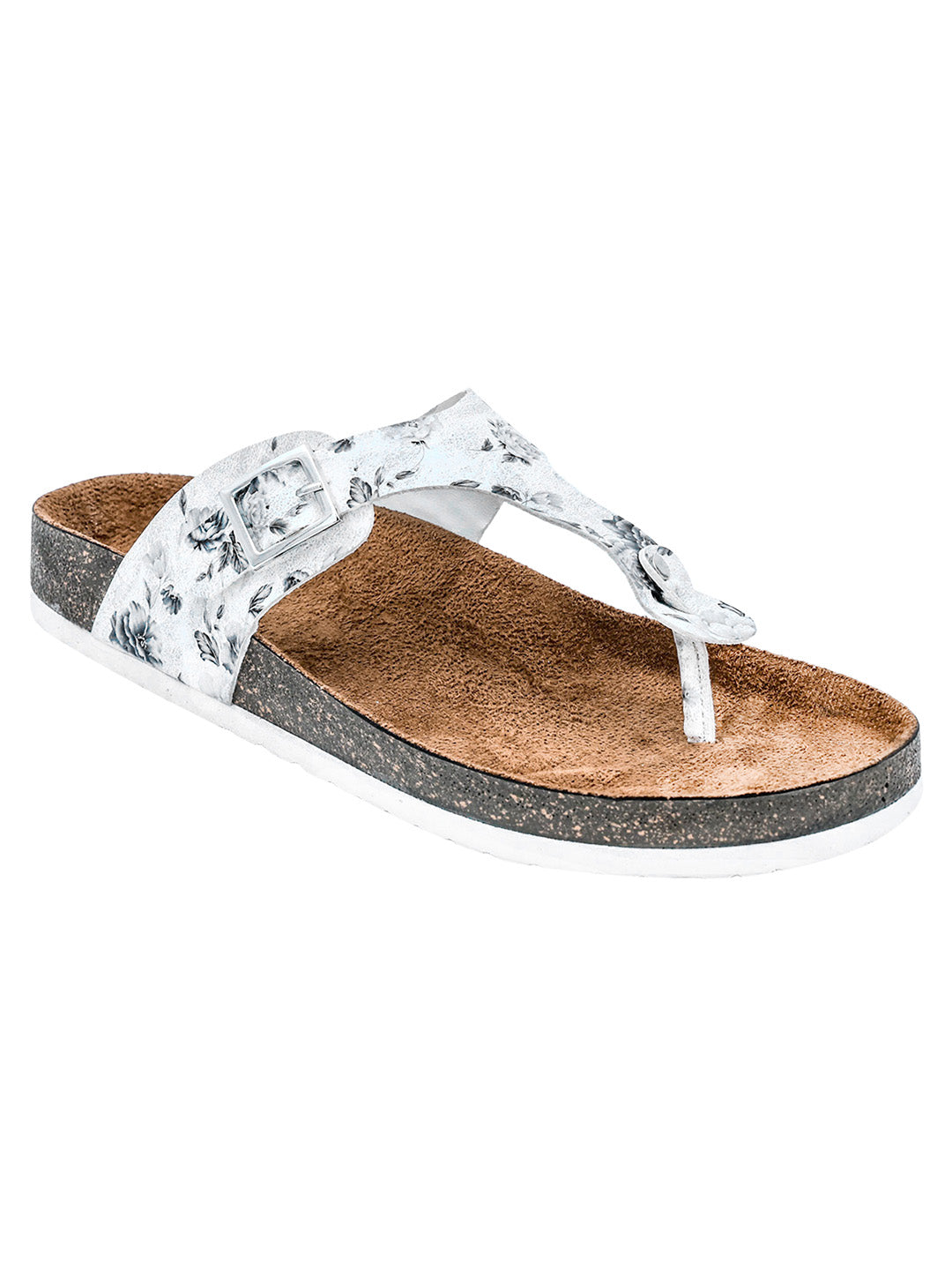 White Women's Flat Sandals with Flower Pattern