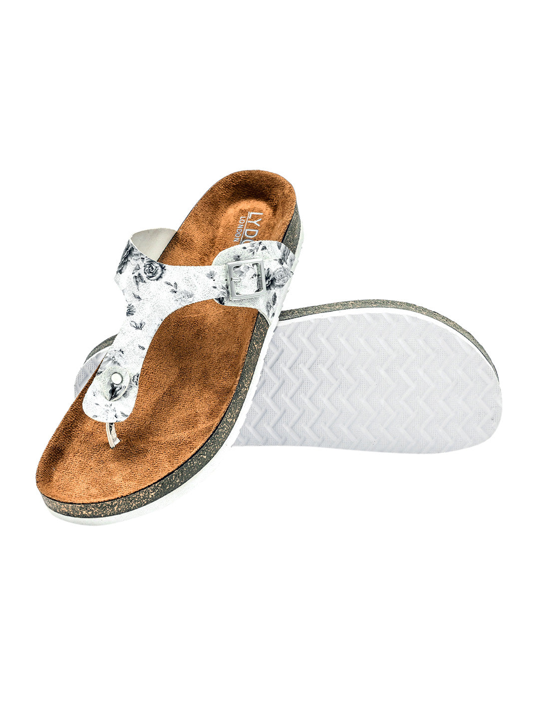 White Women's Flat Sandals with Flower Pattern
