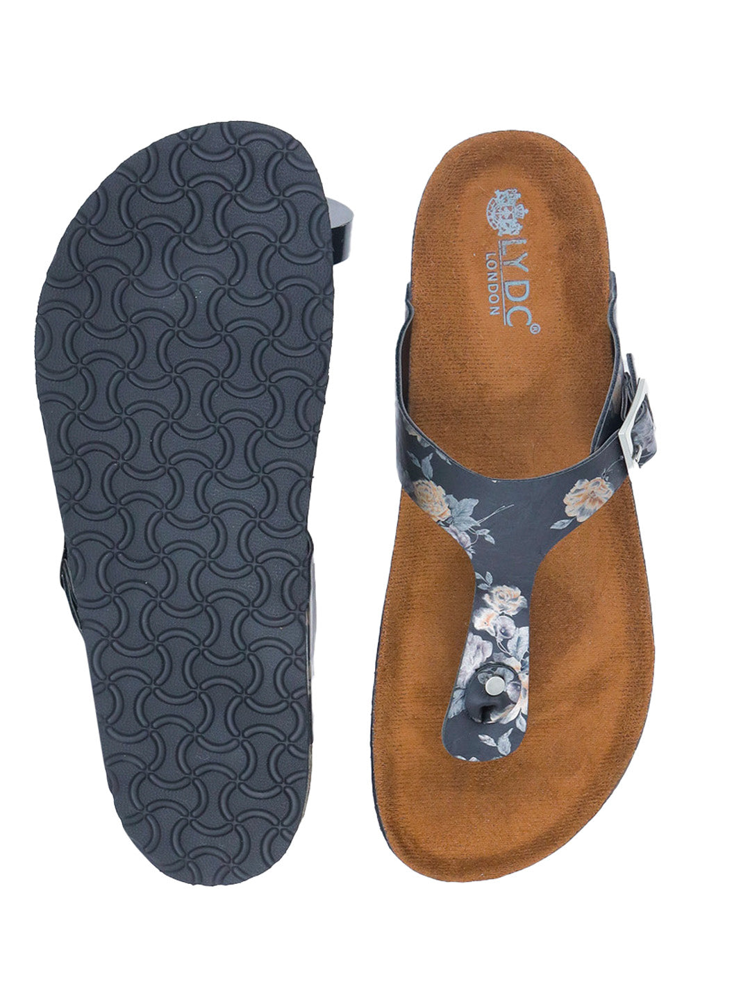 Black Flower Women's Flat Sandals