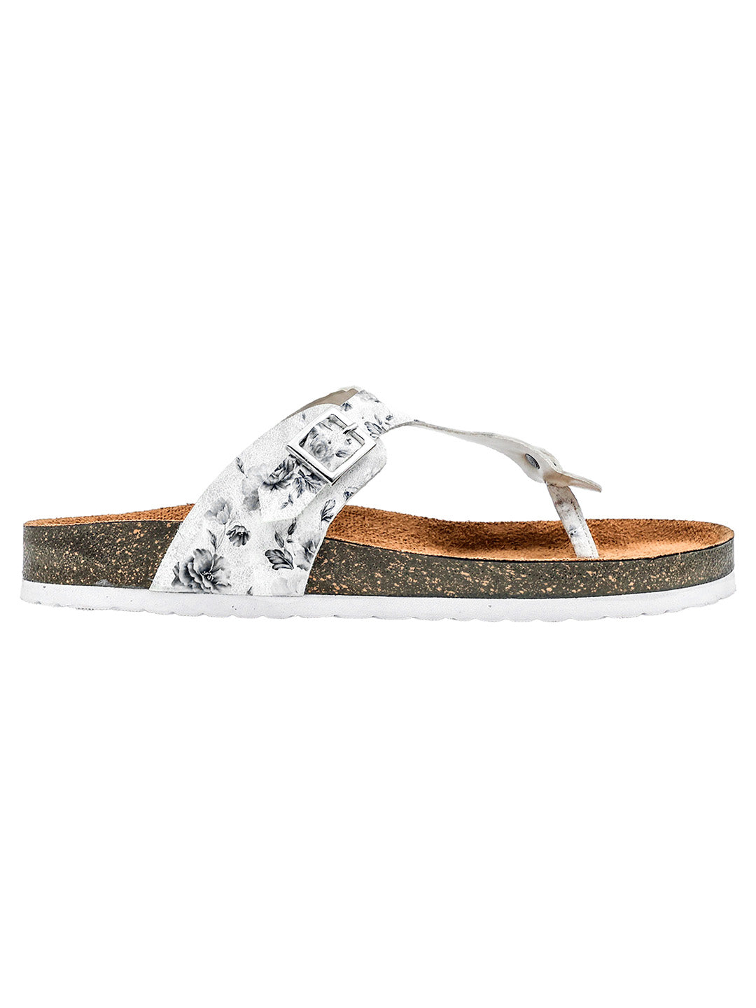 White Women's Flat Sandals with Flower Pattern