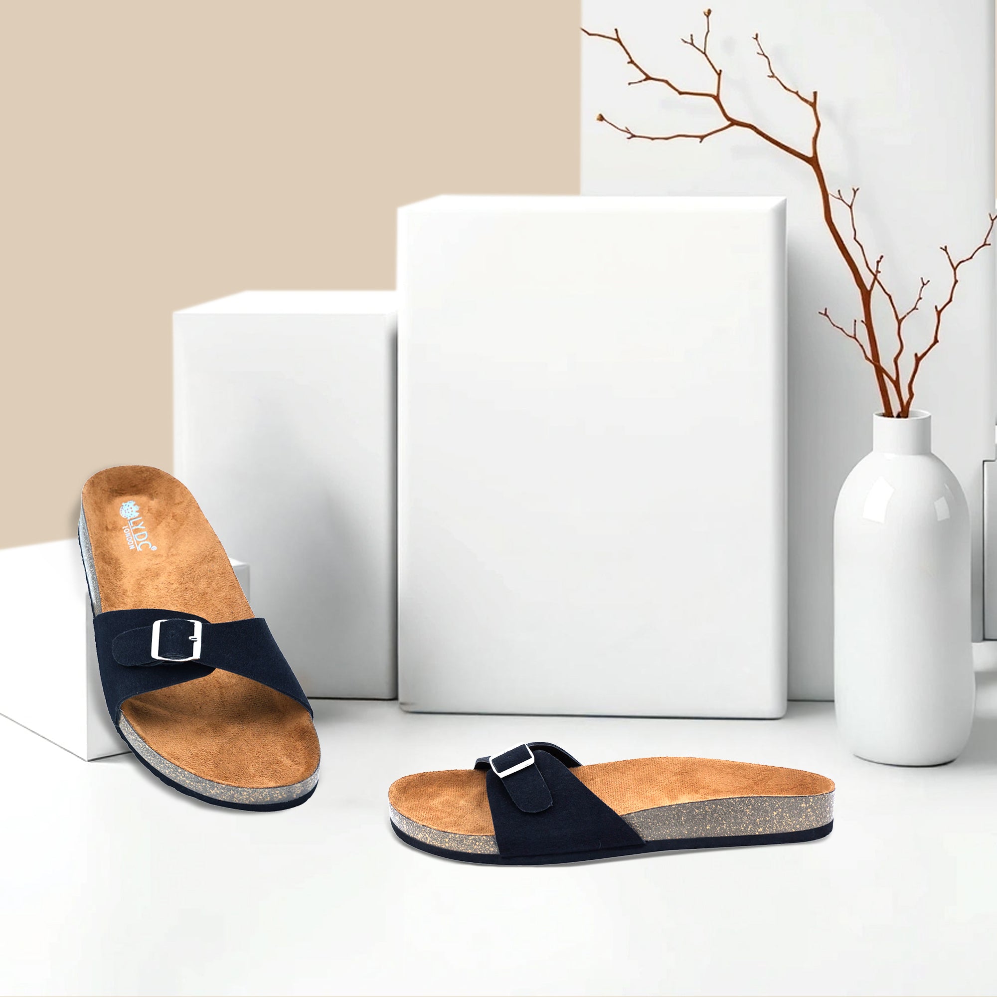Black Flat Cork Sandals for Women
