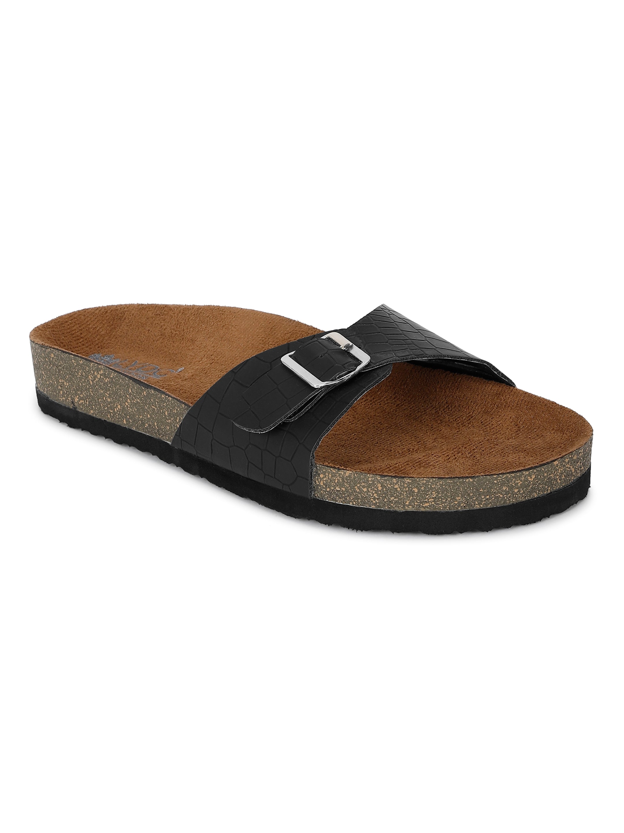 Croco Black Flat Sandals for Women - Camden