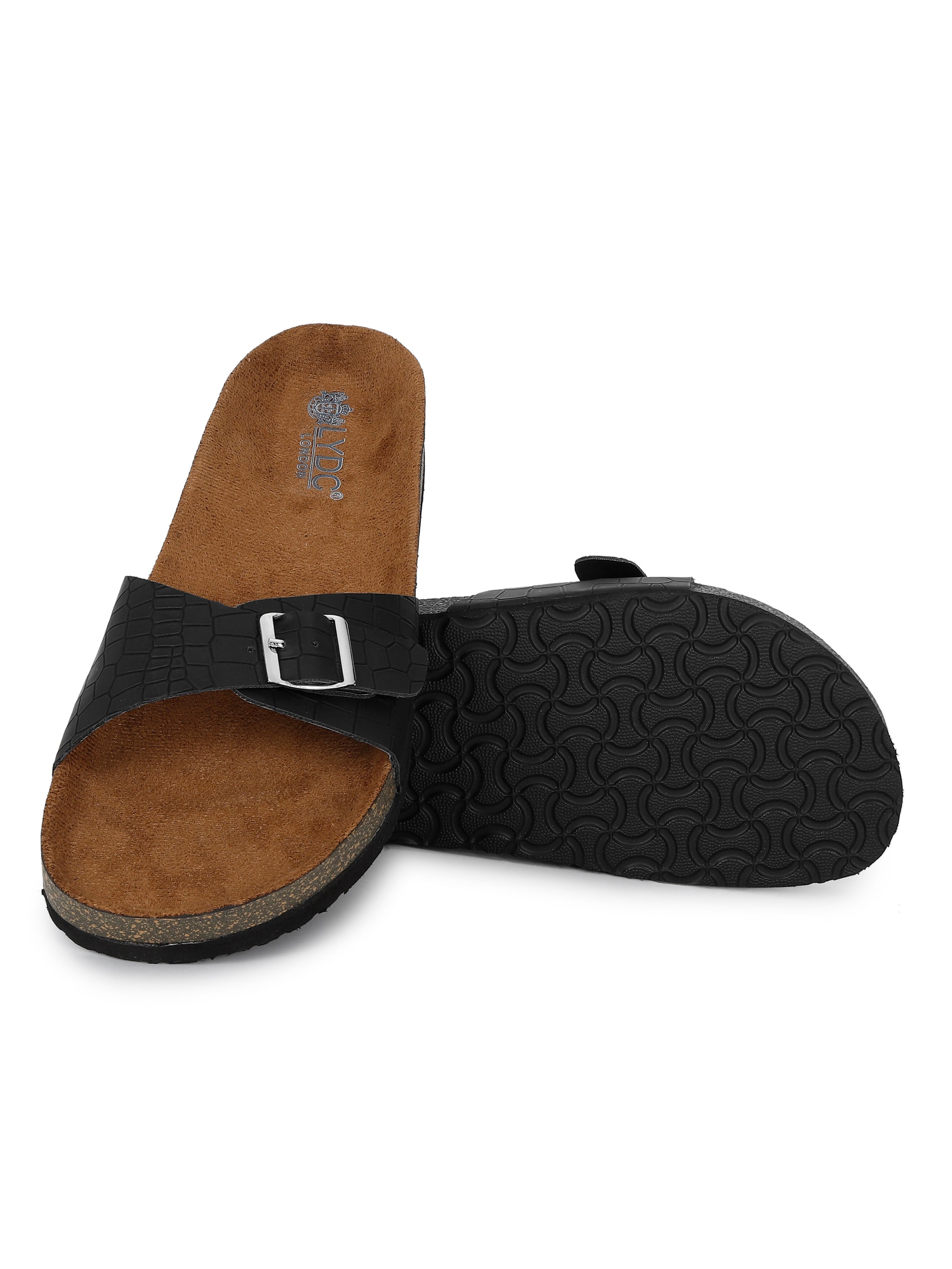 Croco Black Flat Sandals for Women - Camden
