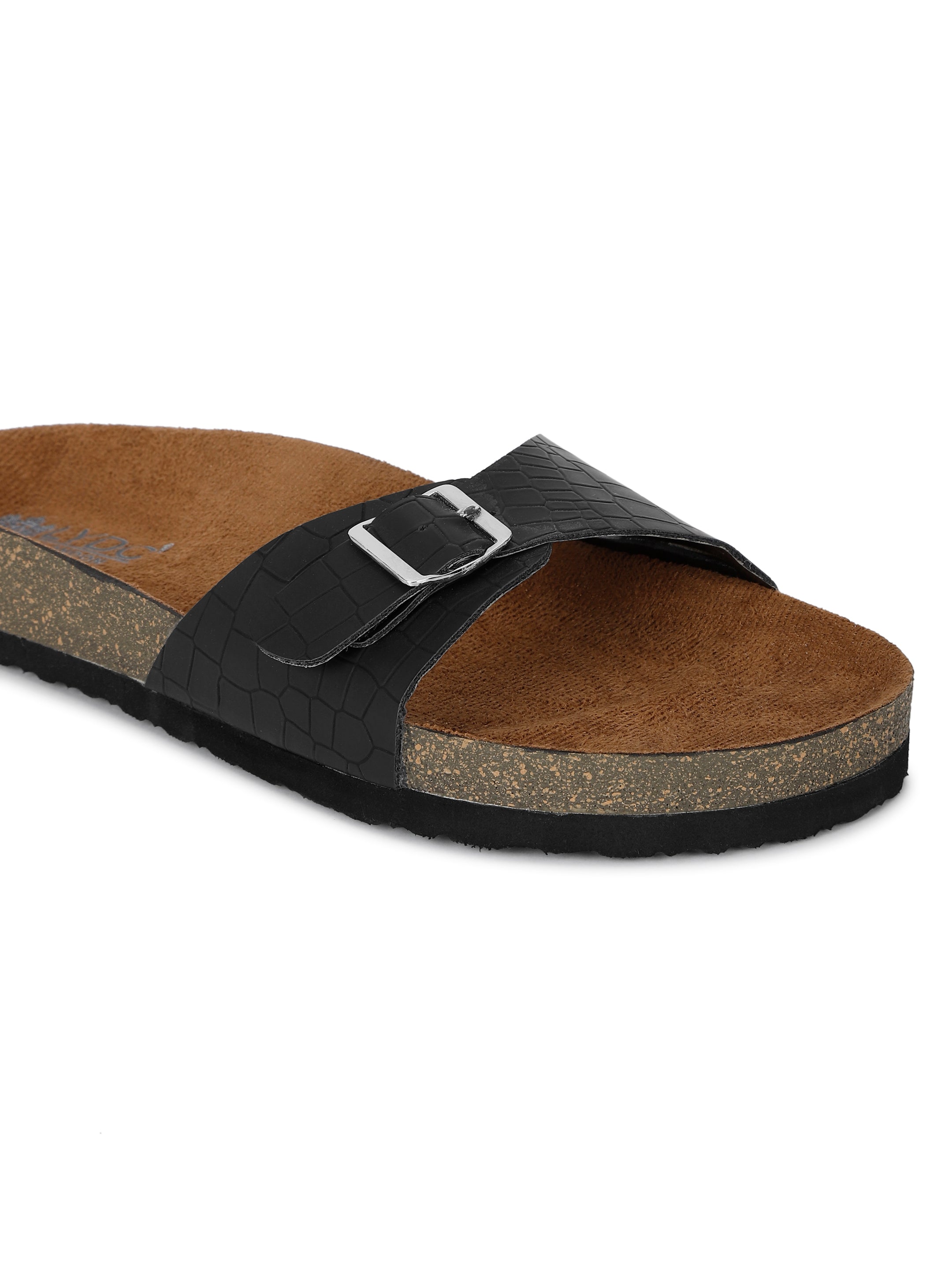 Croco Black Flat Sandals for Women - Camden