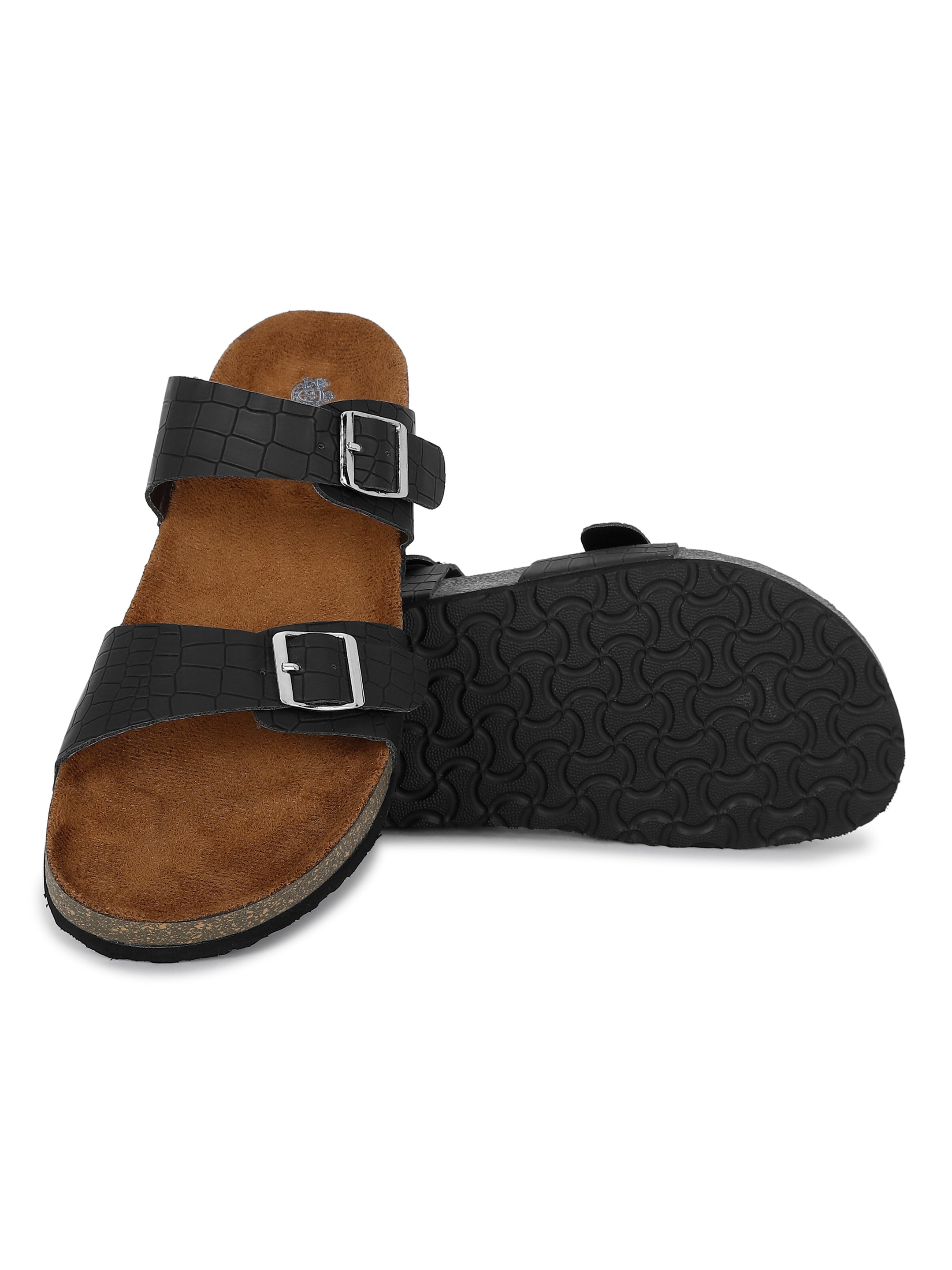Croco Black Flat Sandals for Women - Victoria