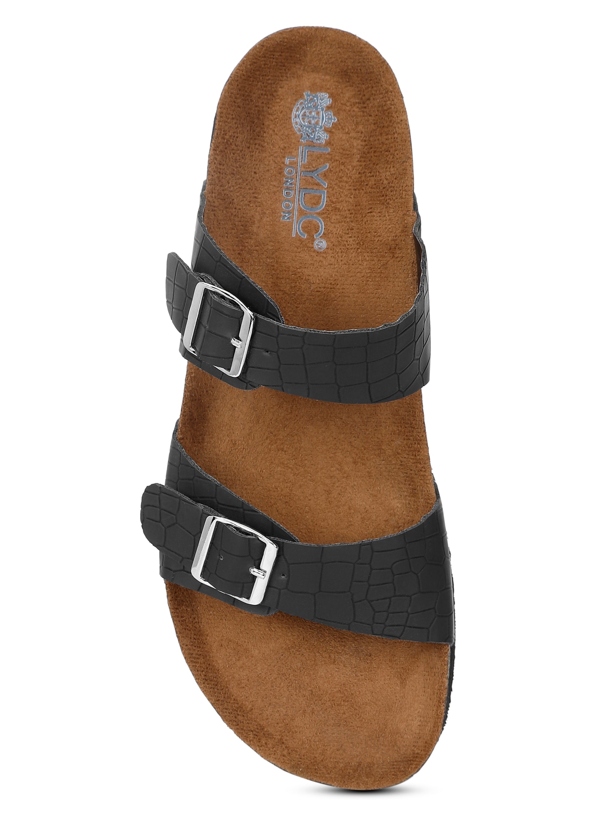 Croco Black Flat Sandals for Women - Victoria