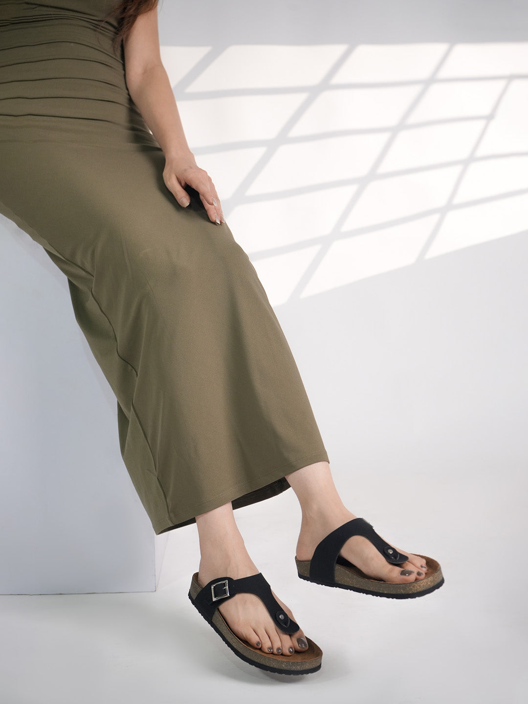 Black Suede Women's Flat Cork Sandals
