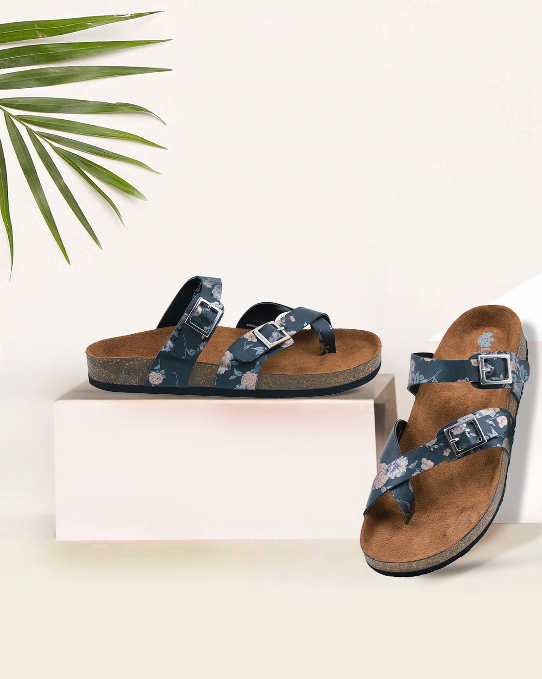 Black Flat Cork Sandals with Flower Pattern